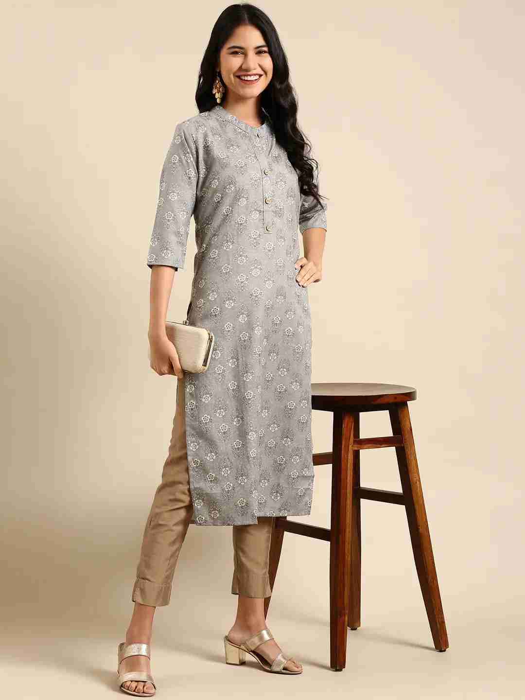 Showoff | SHOWOFF Women Grey Ethnic Motifs  Mandarin Collar Three-Quarter Sleeves Mid Length Straight Kurta 4