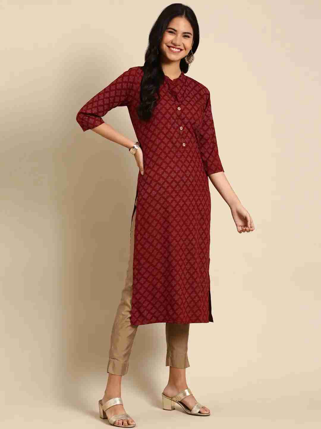 SHOWOFF Women Maroon Ethnic Motifs Mandarin Collar Three-Quarter Sleeves Mid Length Straight Kurta