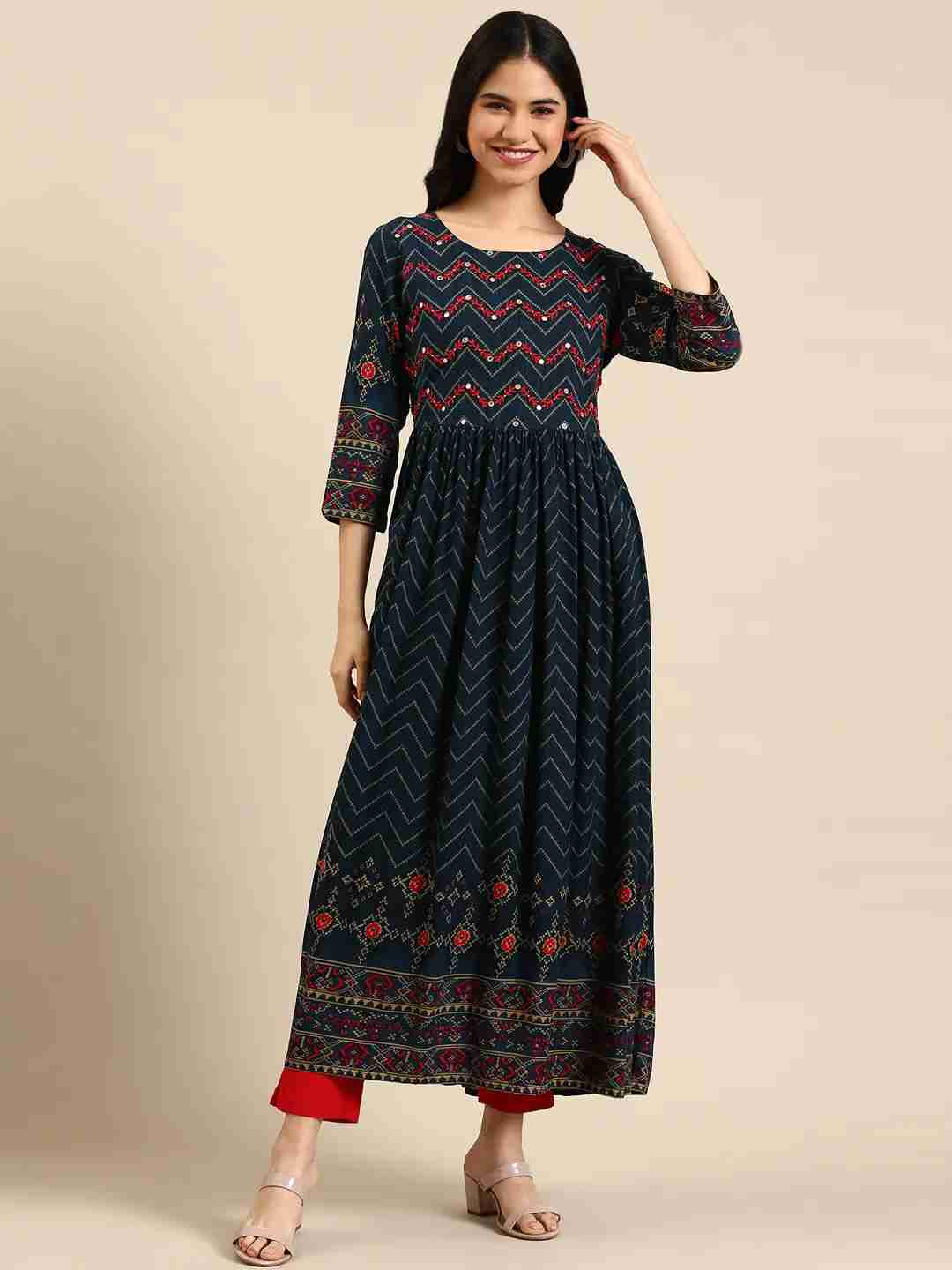 Showoff | SHOWOFF Women Navy Blue Chevron Round Neck Three-Quarter Sleeves Ankle Length Anarkali Kurta 3