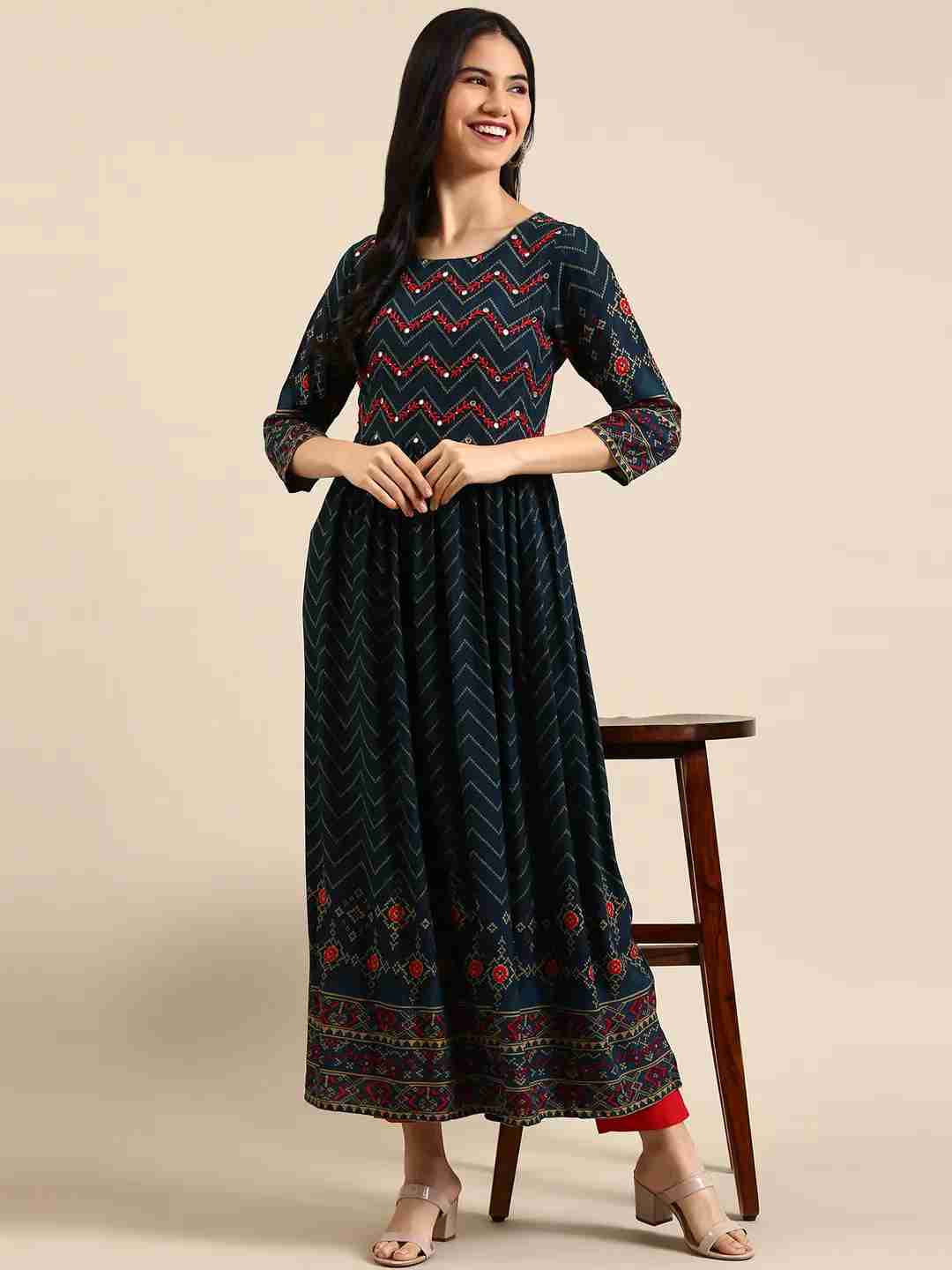 Showoff | SHOWOFF Women Navy Blue Chevron Round Neck Three-Quarter Sleeves Ankle Length Anarkali Kurta 5