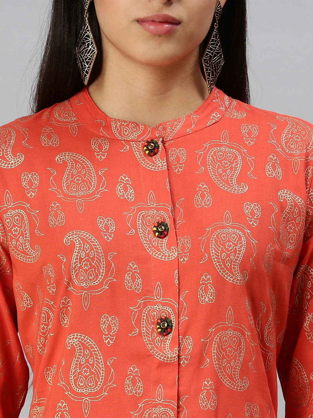 Showoff | SHOWOFF Women Peach Ethnic Motifs Mandarin Collar Three-Quarter Sleeves Mid Length Straight Kurta 5