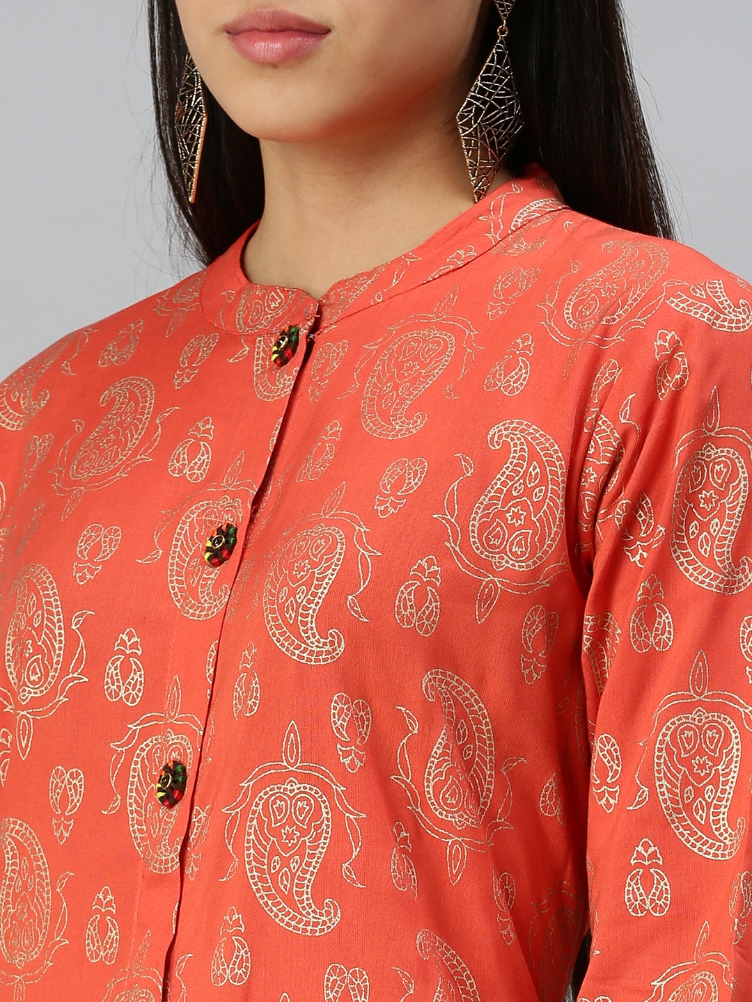 Showoff | SHOWOFF Women Peach Ethnic Motifs Mandarin Collar Three-Quarter Sleeves Mid Length Straight Kurta 6
