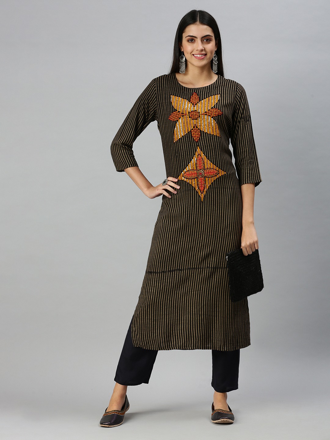 SHOWOFF Women Black Striped Round Neck Three-Quarter Sleeves Long Straight Kurta