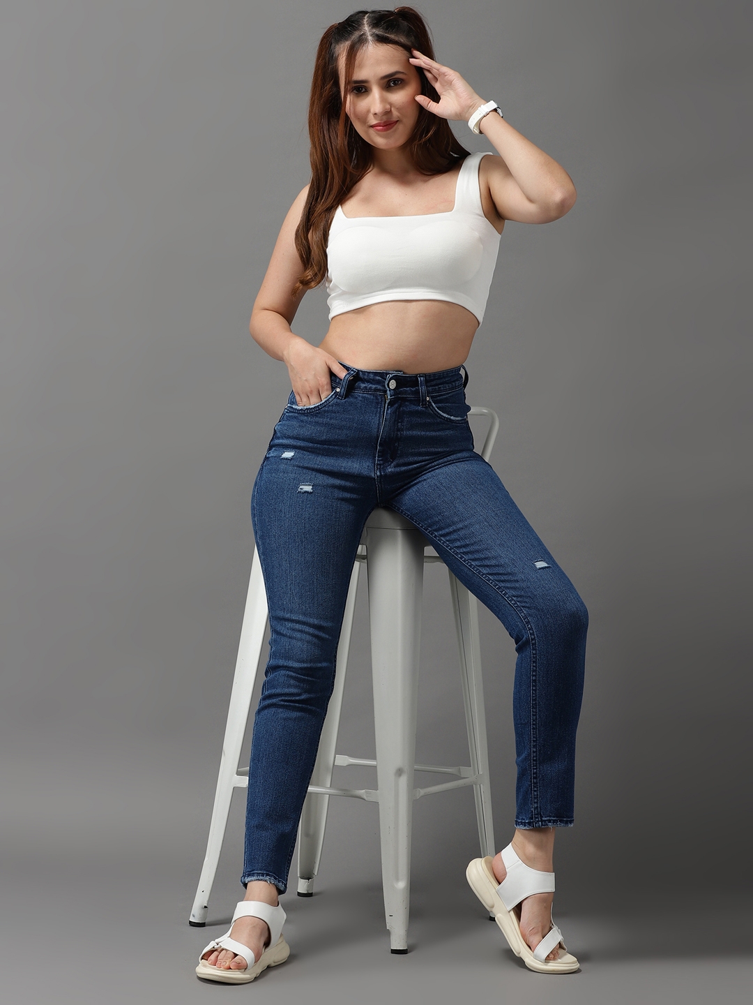 Showoff | SHOWOFF Women Navy Blue Solid  Slim Fit Jeans 3