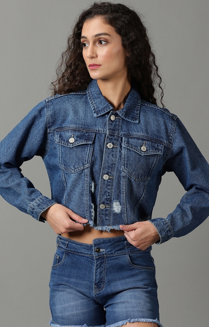 Buy SHOWOFF Womens Spread Collar Blue Distressed Over Sized Solid Crop  Denim Jacket online