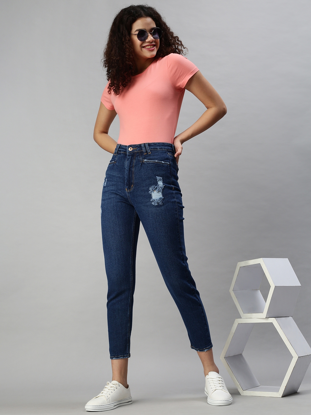 Showoff | SHOWOFF Women Navy Blue Solid  Mom Fit Jeans 4