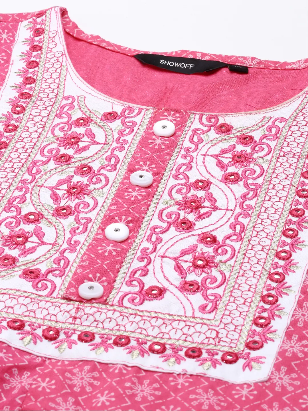 SHOWOFF Women Pink Printed Scoop Neck Three-Quarter Sleeves Mid Length Anarkali Kurta Set