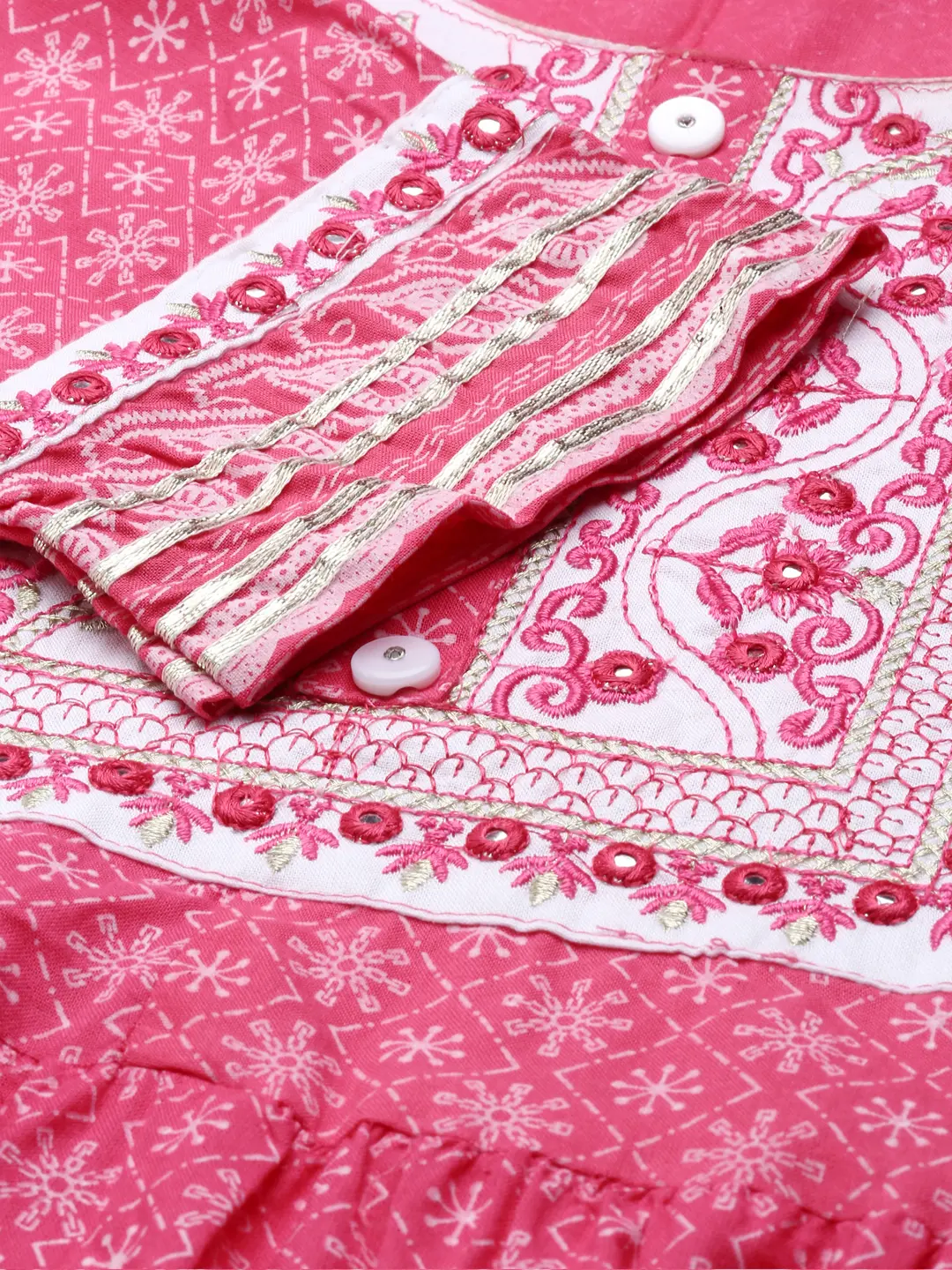 SHOWOFF Women Pink Printed Scoop Neck Three-Quarter Sleeves Mid Length Anarkali Kurta Set