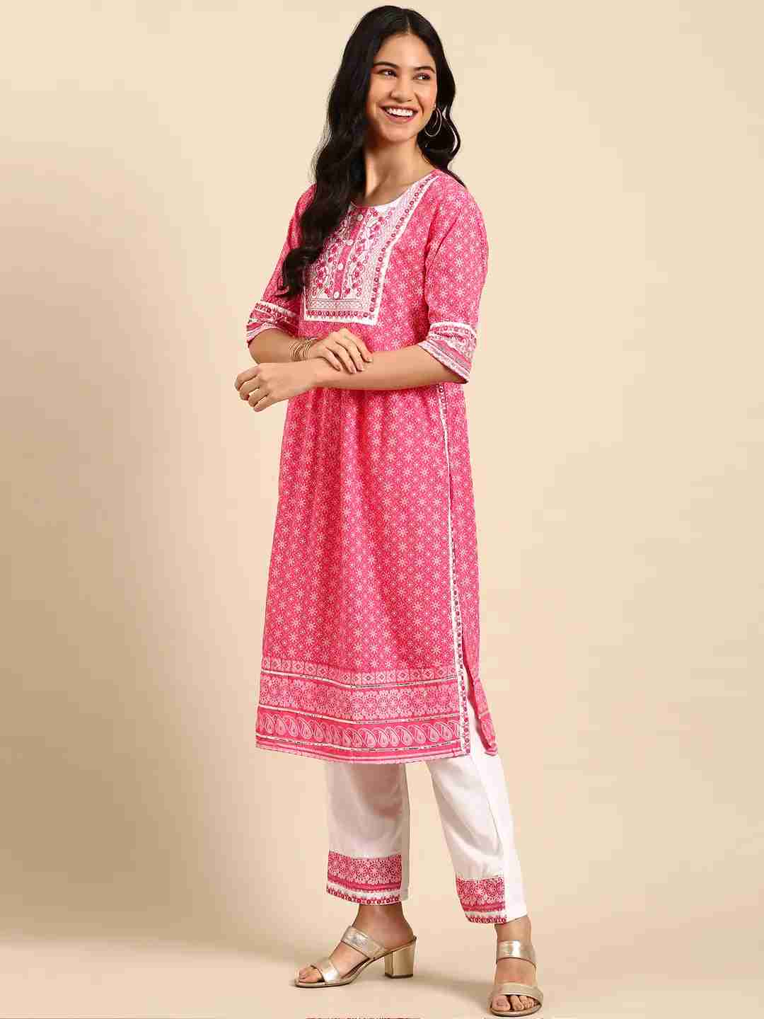 SHOWOFF Women Pink Printed Scoop Neck Three-Quarter Sleeves Mid Length Anarkali Kurta Set