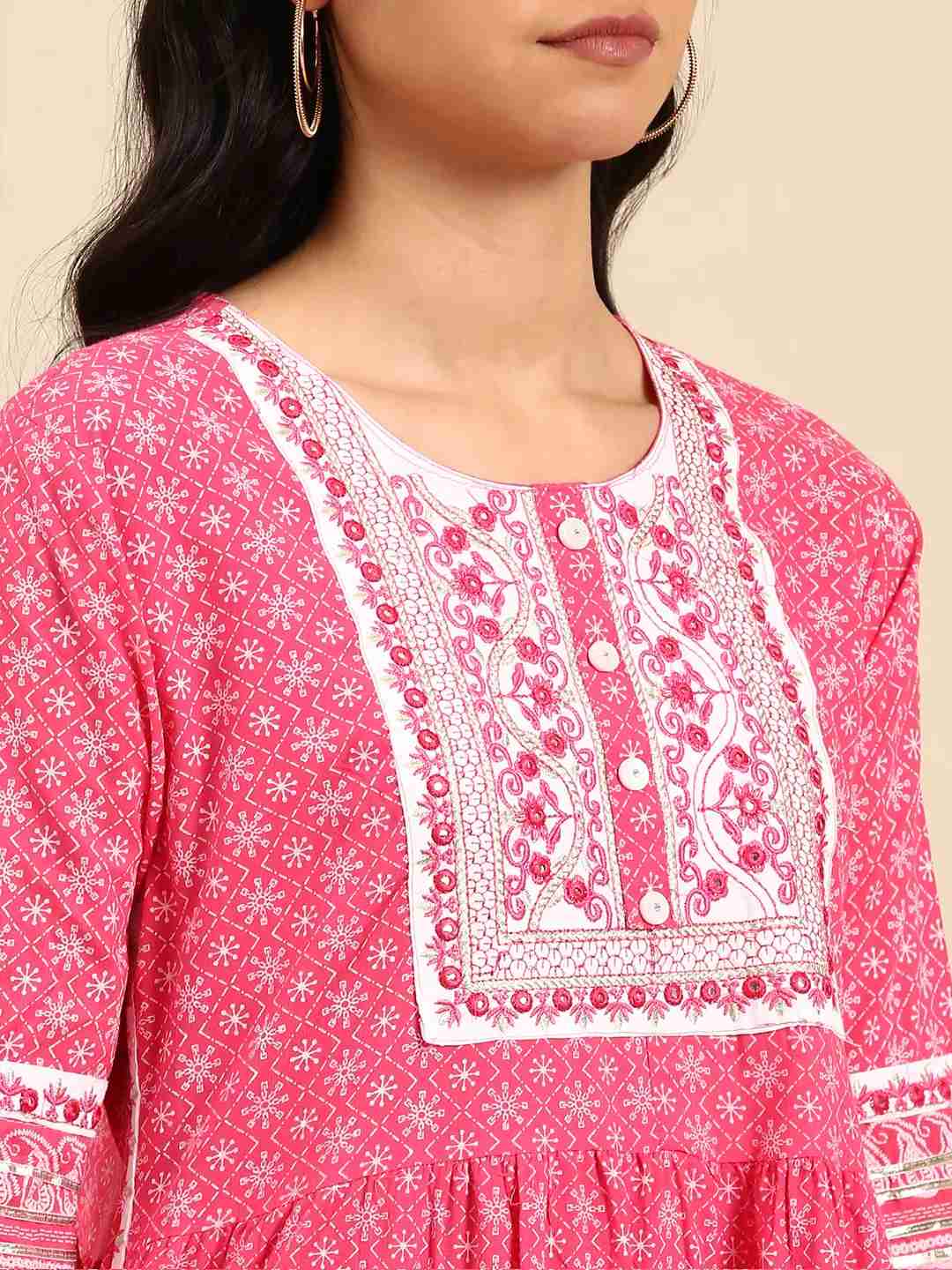 SHOWOFF Women Pink Printed Scoop Neck Three-Quarter Sleeves Mid Length Anarkali Kurta Set