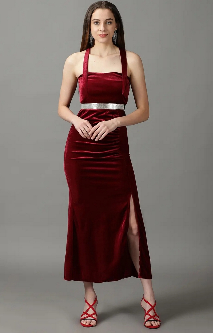 Showoff | SHOWOFF Women Maroon Solid Shoulder Straps Sleeveless Maxi Bodycon Dress 0