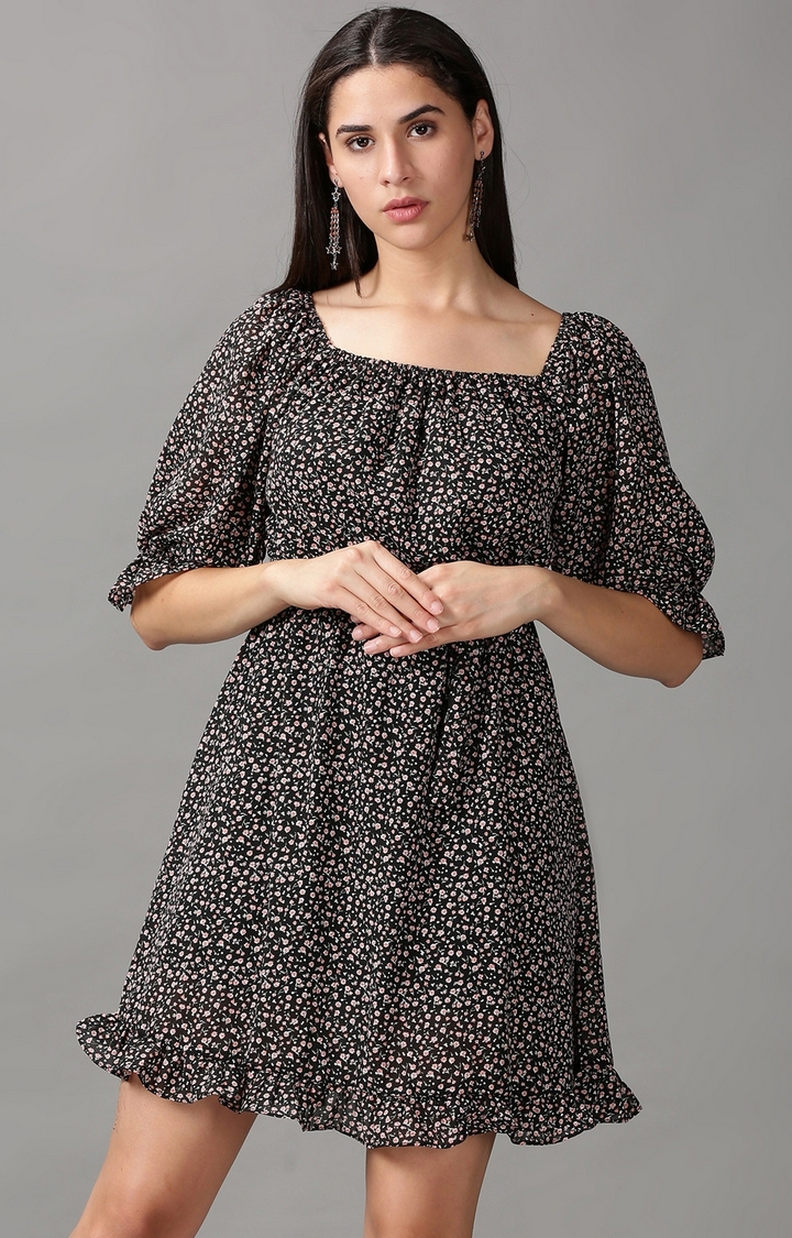 Showoff | SHOWOFF Women Black Printed Square Neck Three-Quarter Sleeves Above Knee Fit and Flare Dress 0
