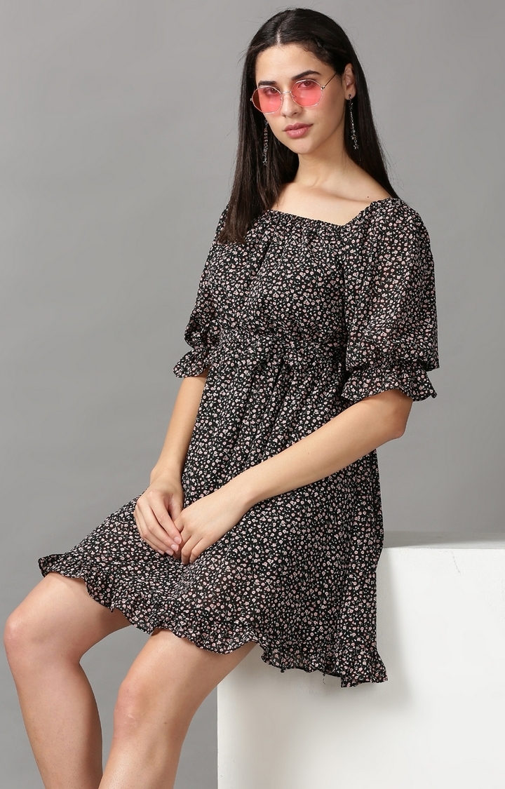 Showoff | SHOWOFF Women Black Printed Square Neck Three-Quarter Sleeves Above Knee Fit and Flare Dress 1