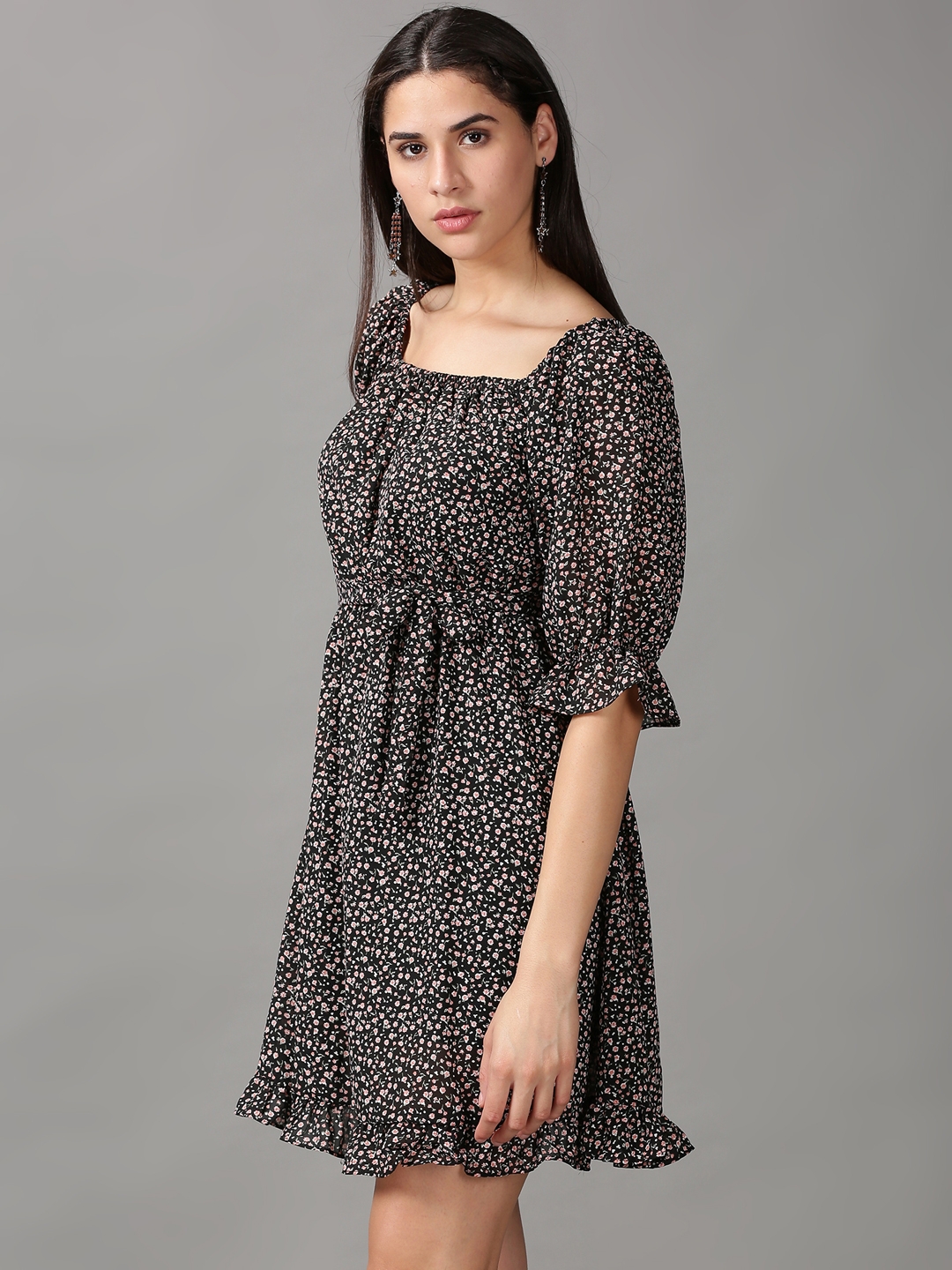 Showoff | SHOWOFF Women Black Printed Square Neck Three-Quarter Sleeves Above Knee Fit and Flare Dress 2