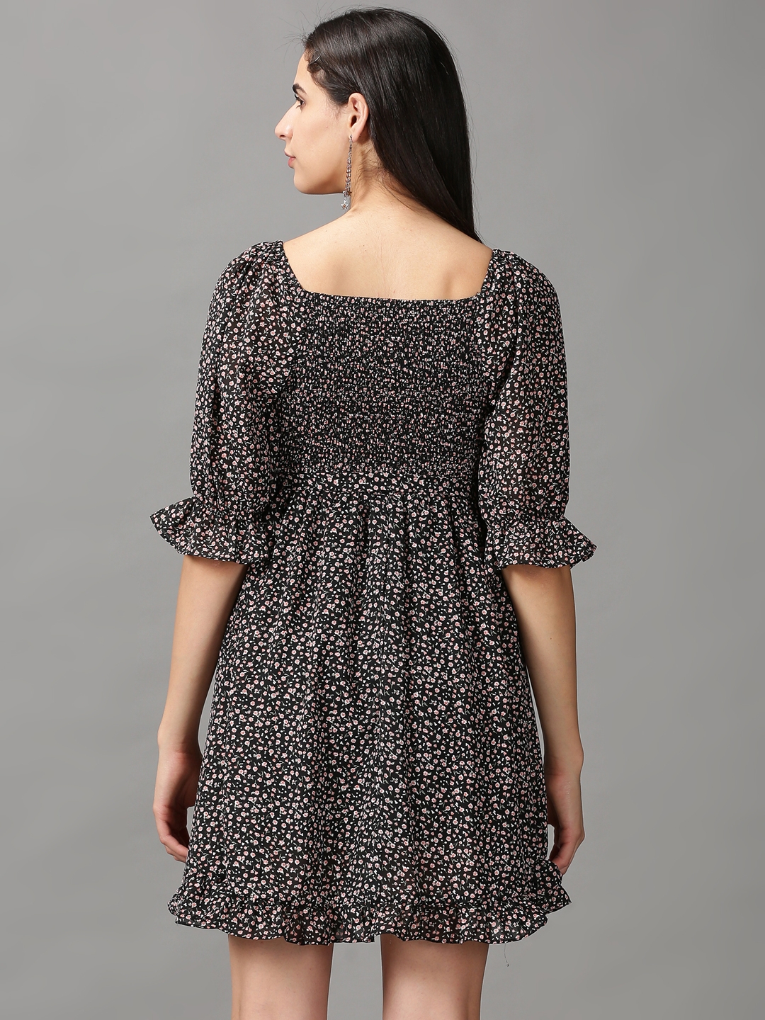 Showoff | SHOWOFF Women Black Printed Square Neck Three-Quarter Sleeves Above Knee Fit and Flare Dress 3