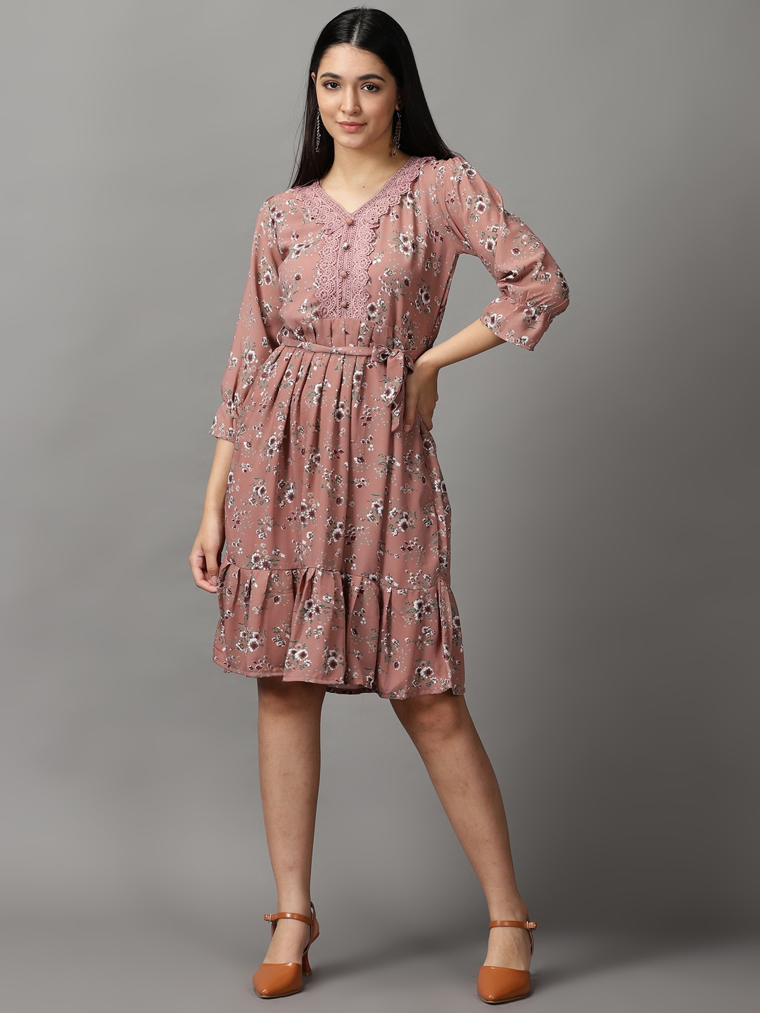 Showoff | SHOWOFF Women Mauve Printed Round Neck Short Sleeves Knee length Fit and Flare Dress 1