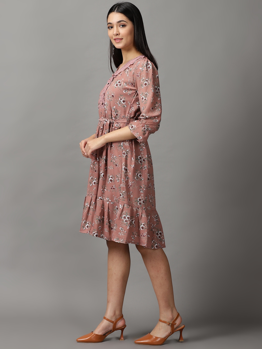 Showoff | SHOWOFF Women Mauve Printed Round Neck Short Sleeves Knee length Fit and Flare Dress 2
