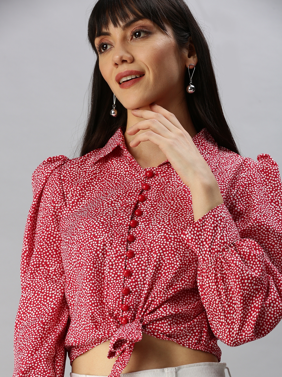 Showoff | SHOWOFF Women's Shirt Collar Polka Dots Red Regular Top 6