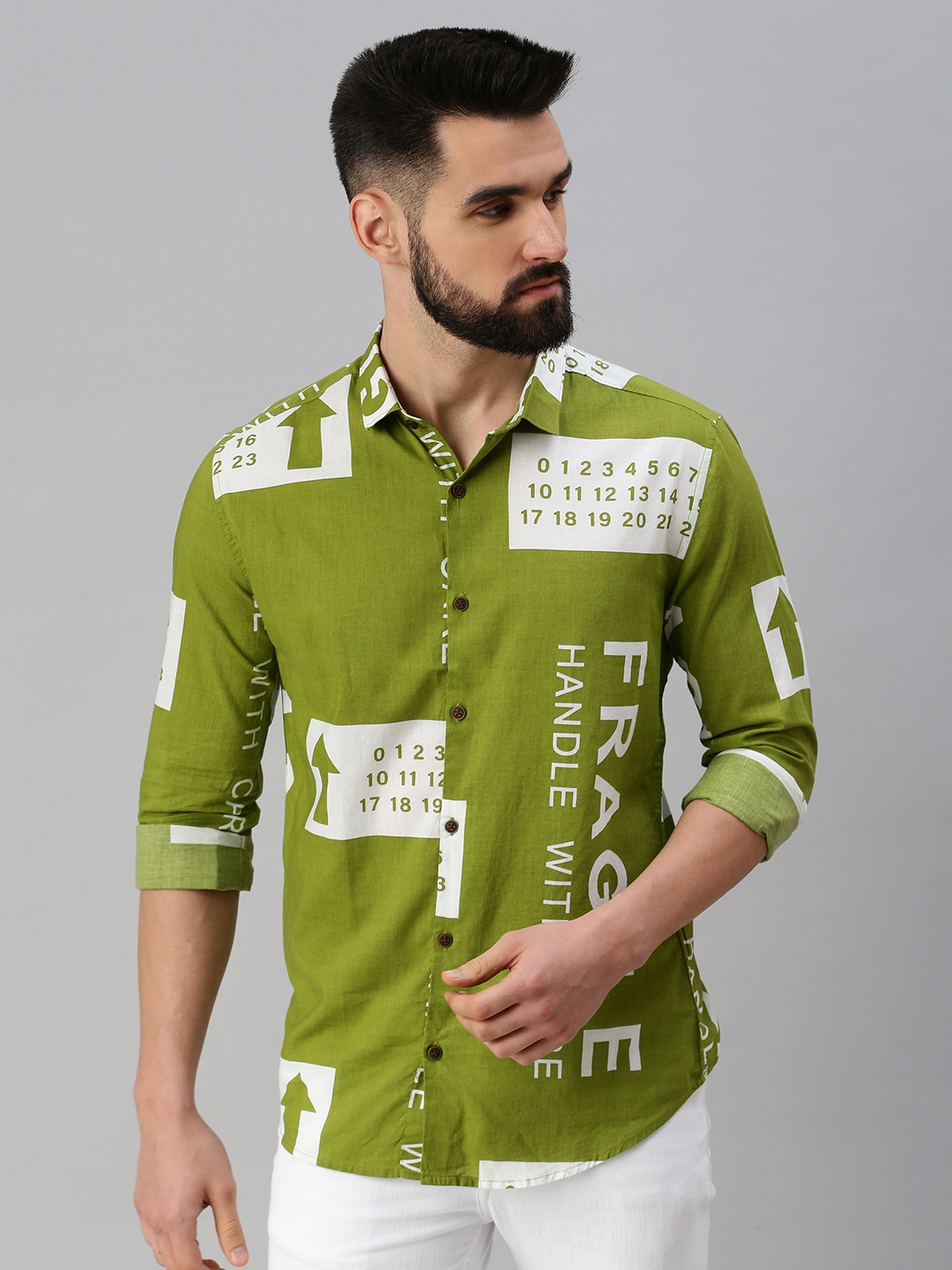 Showoff | SHOWOFF Men Olive Printed Spread Collar Full Sleeves Casual Shirt 1