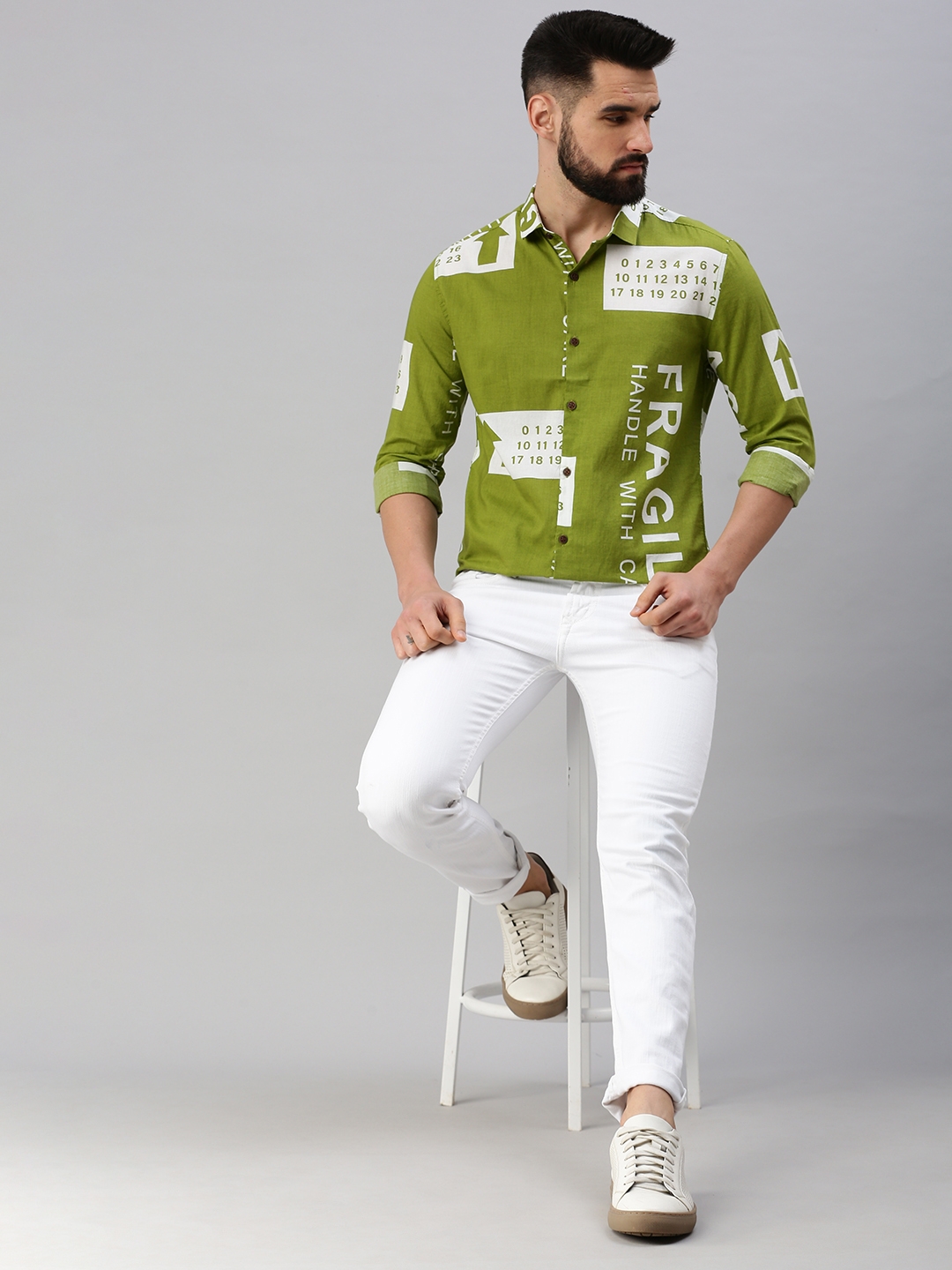Showoff | SHOWOFF Men Olive Printed Spread Collar Full Sleeves Casual Shirt 4