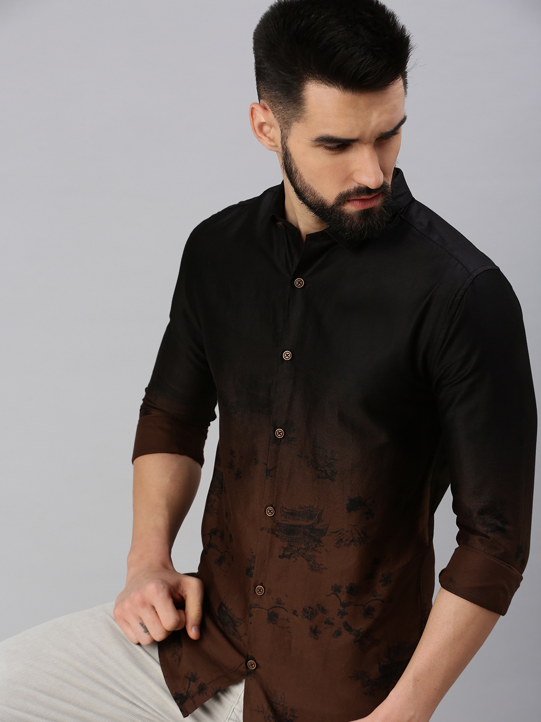 Showoff | SHOWOFF Men's Regular Sleeves Abstract Coffee Brown Shirt 0