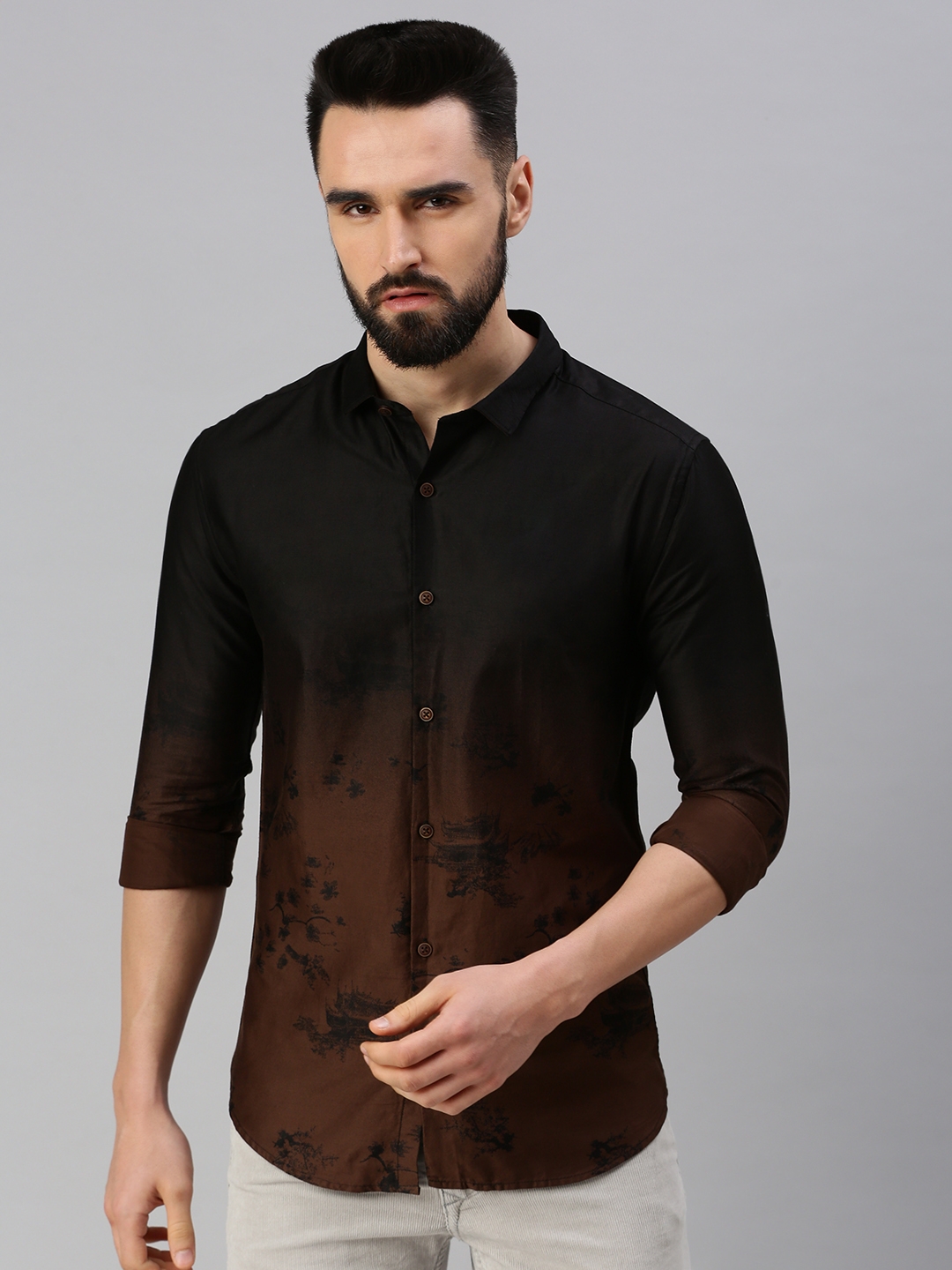 Showoff | SHOWOFF Men's Regular Sleeves Abstract Coffee Brown Shirt 1