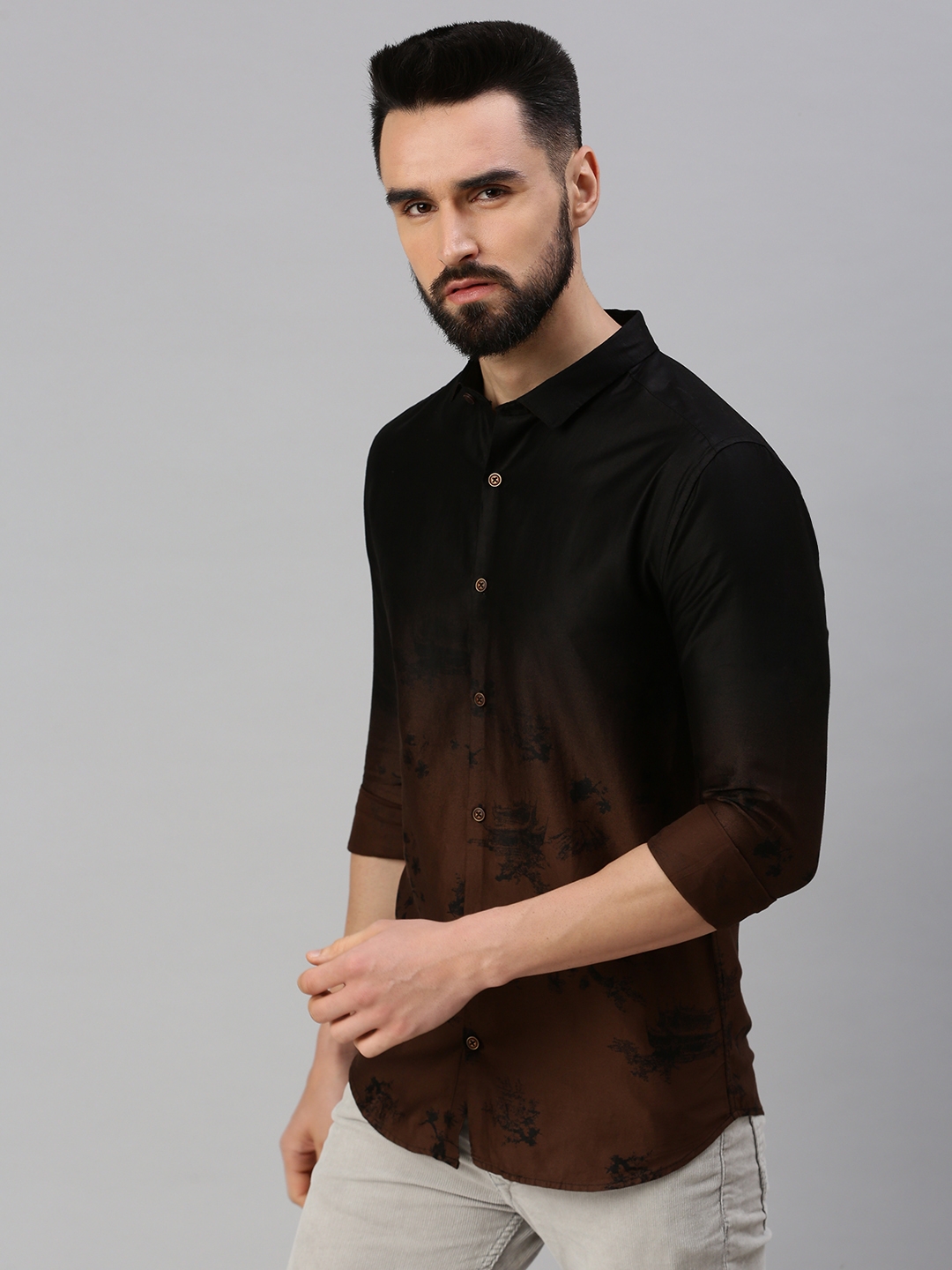 Showoff | SHOWOFF Men's Regular Sleeves Abstract Coffee Brown Shirt 2