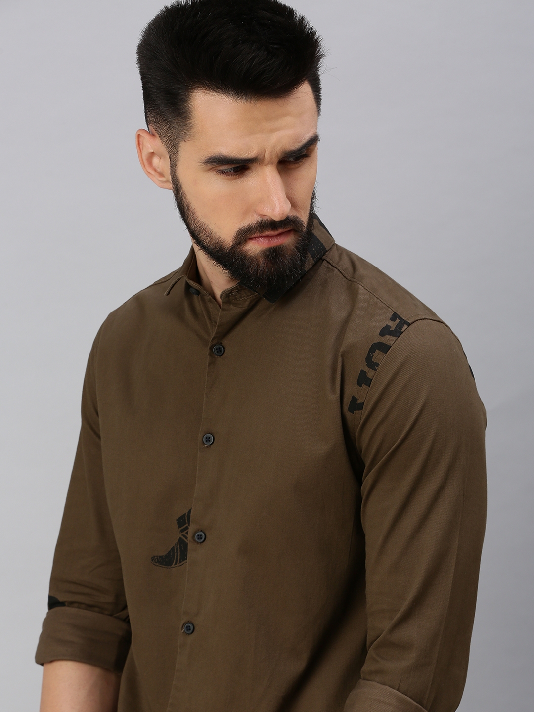 Showoff | SHOWOFF Men Coffee Brown Printed Spread Collar Full Sleeves Casual Shirt 0