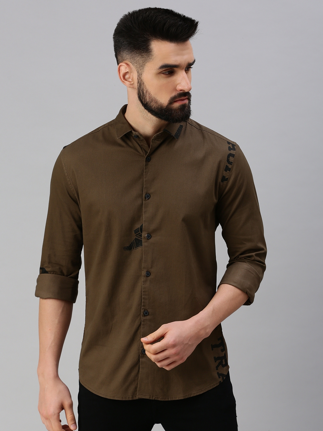 Showoff | SHOWOFF Men Coffee Brown Printed Spread Collar Full Sleeves Casual Shirt 1