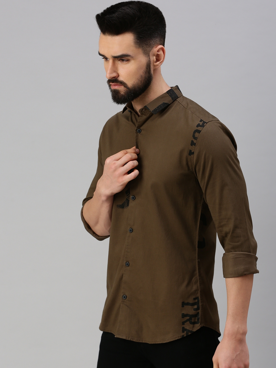 Showoff | SHOWOFF Men Coffee Brown Printed Spread Collar Full Sleeves Casual Shirt 2
