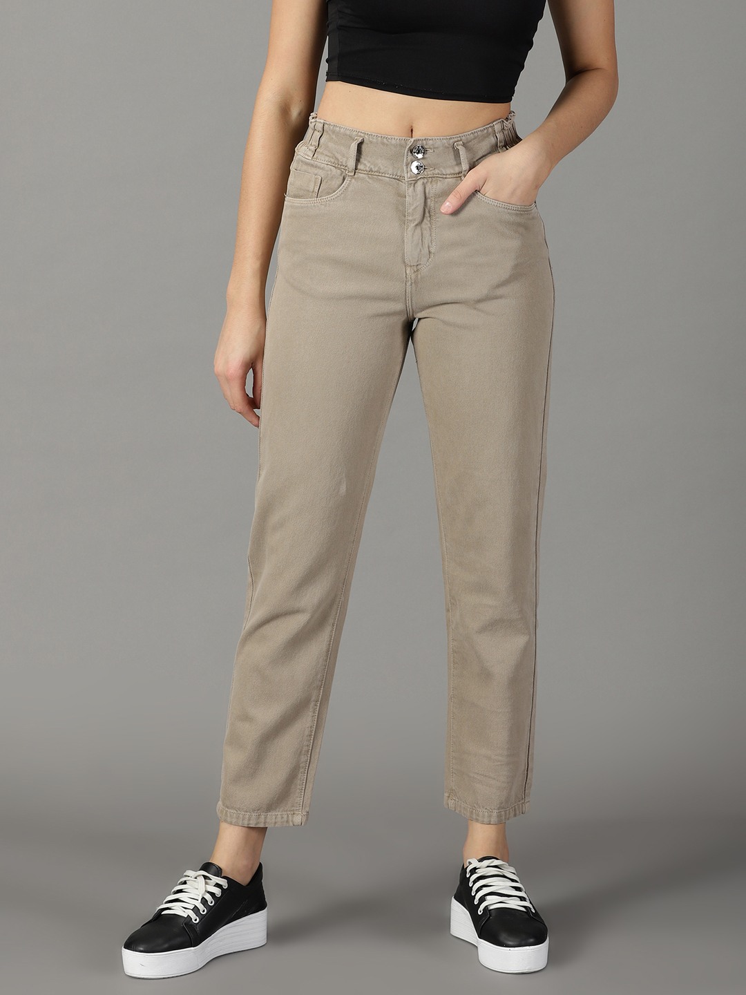 SHOWOFF Women Taupe Solid  Relaxed Fit Jeans