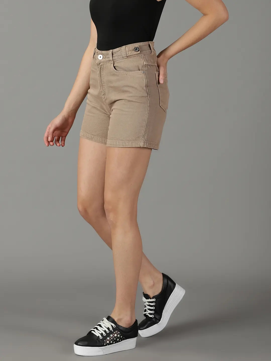 Showoff | SHOWOFF Women Khaki Solid  Shorts 2