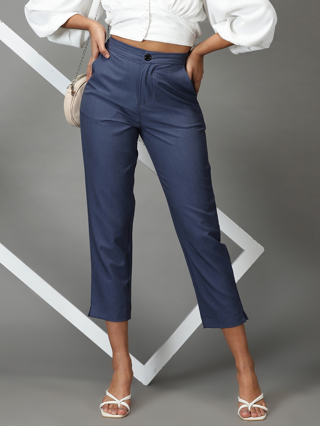 Casual Formal Office Trousers For Ladies Pants With Matching Belt  Navy  Blue  Wholesale Womens Clothing Vendors For Boutiques