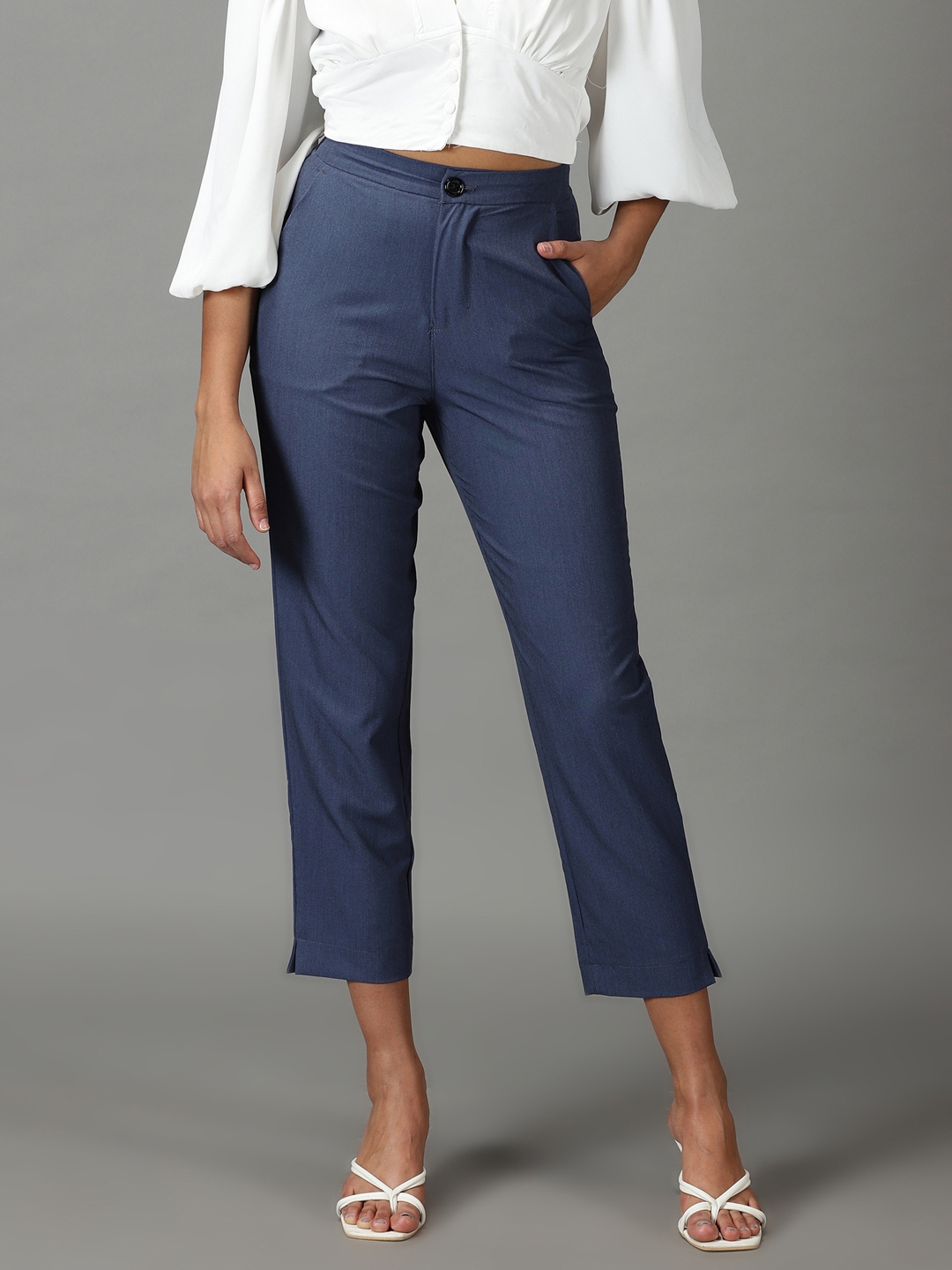 Buy Women Blue Solid Casual Slim Fit Trousers Online  866148  Van Heusen