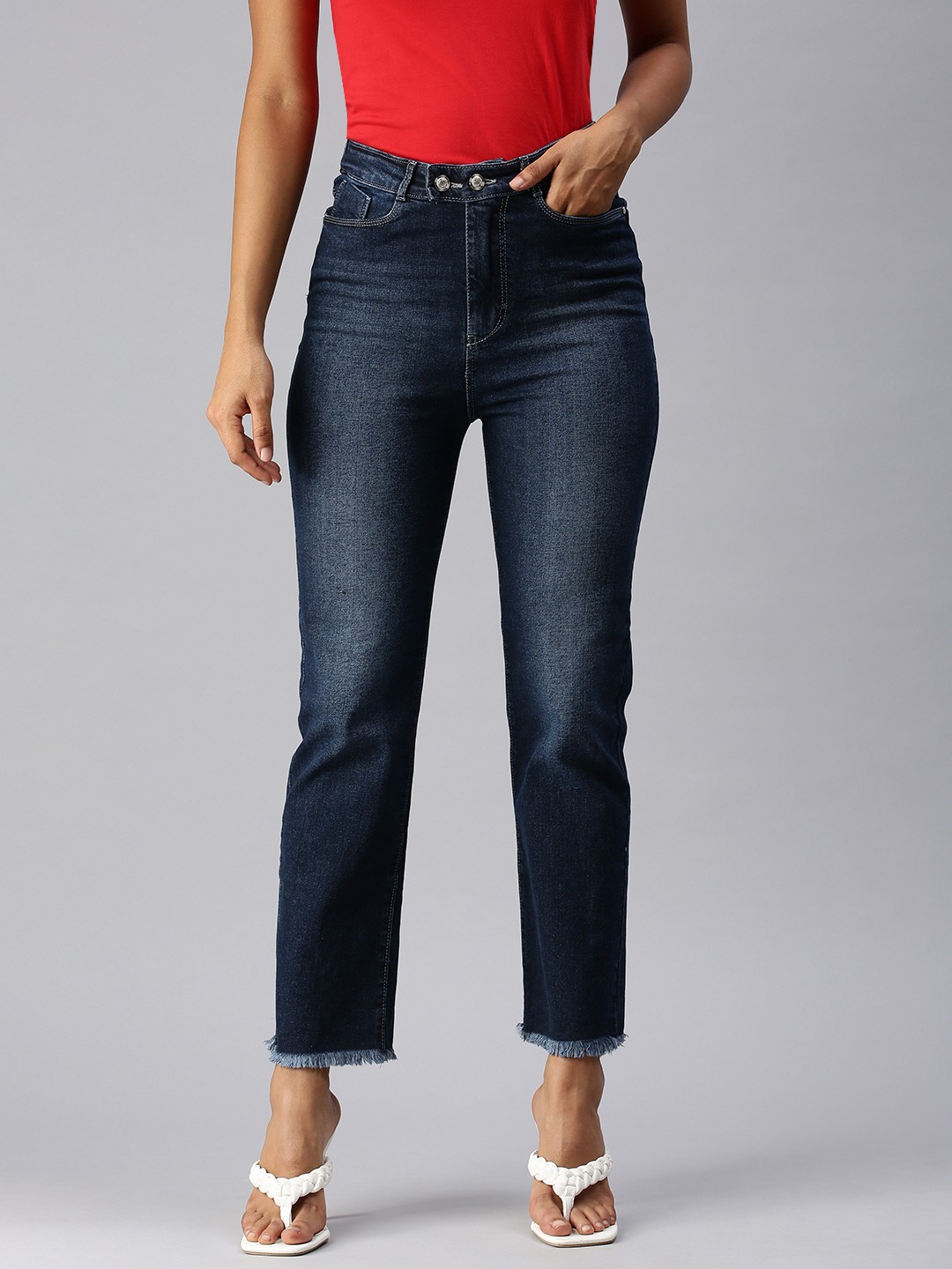 Women's Navy Blue Solid Straight Fit Jeans