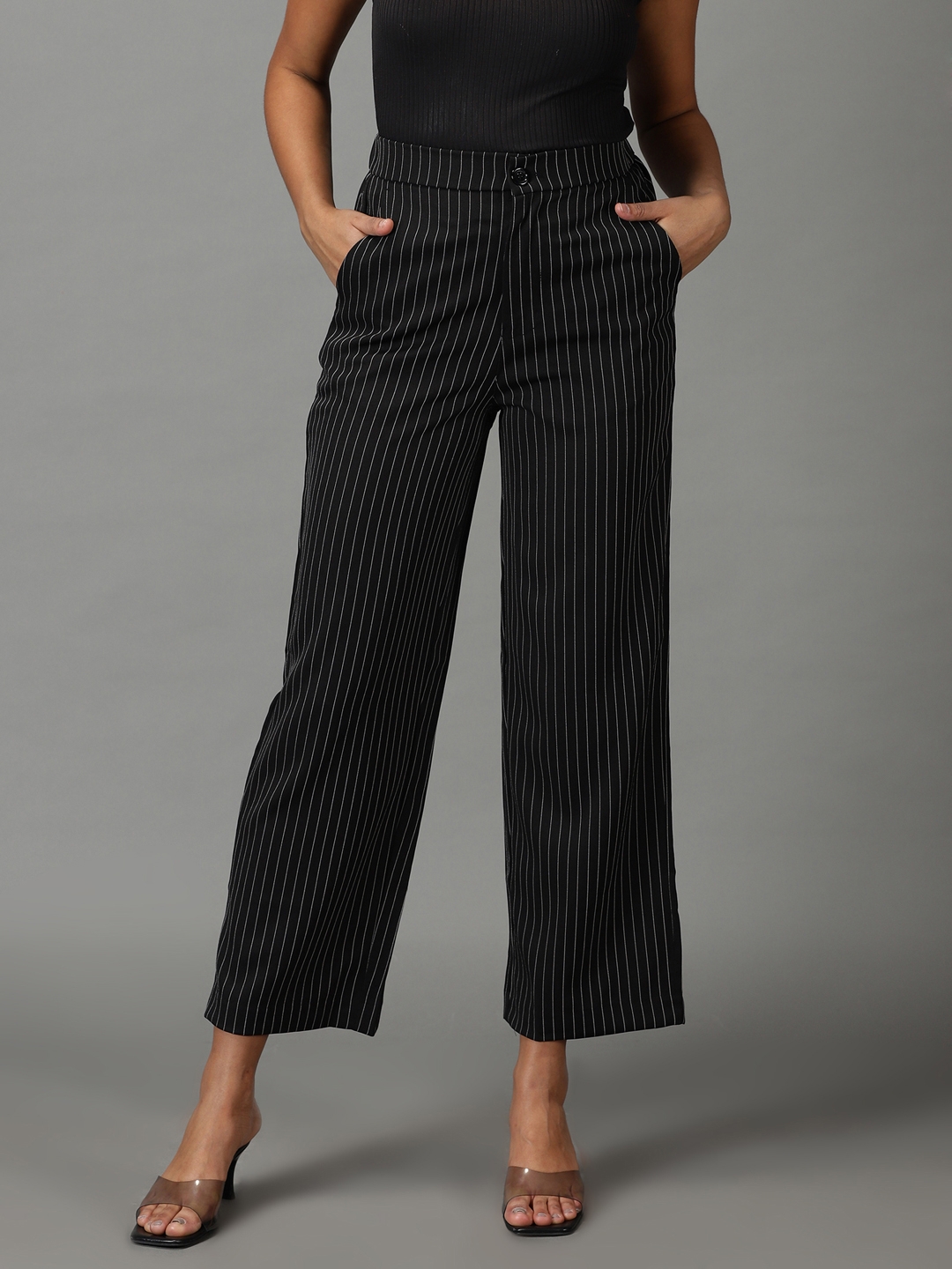 Showoff | SHOWOFF Women Black Striped  Straight Fit Formal Trouser 1