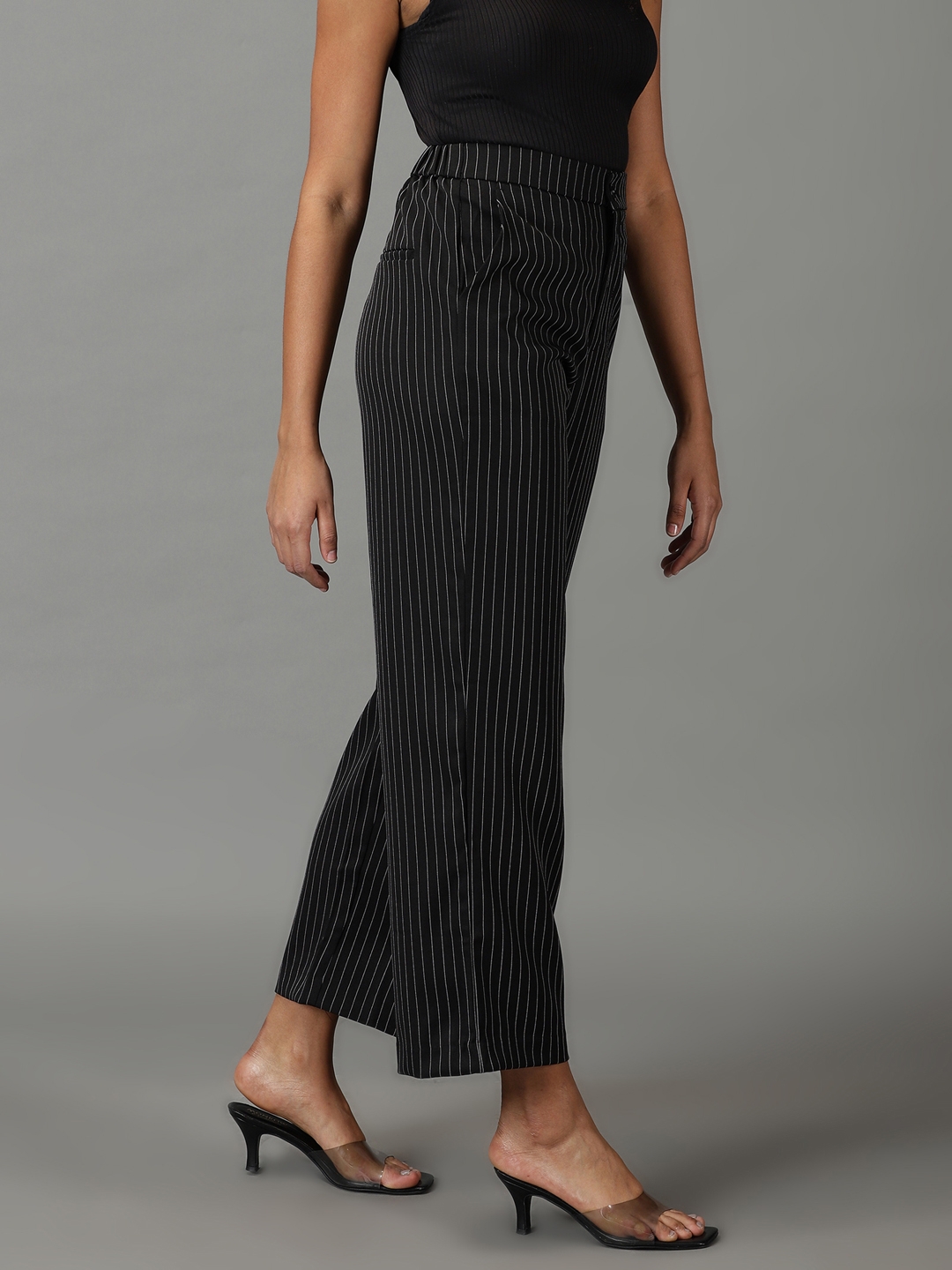 Womens Black Crepe Striped Trousers