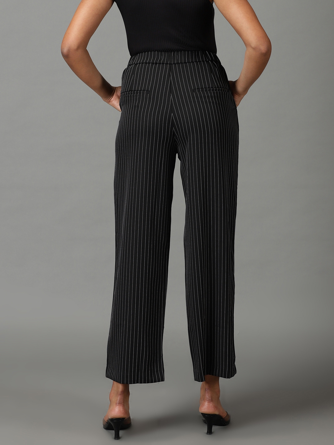 Showoff | SHOWOFF Women Black Striped  Straight Fit Formal Trouser 3