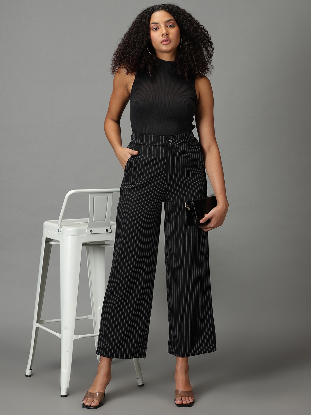 Showoff | SHOWOFF Women Black Striped  Straight Fit Formal Trouser 4