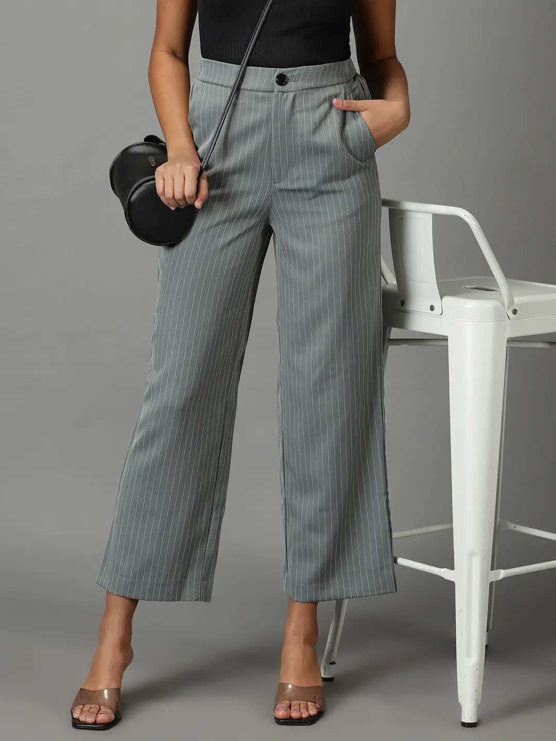 Showoff | SHOWOFF Women Olive Striped  Straight Fit Formal Trouser 0