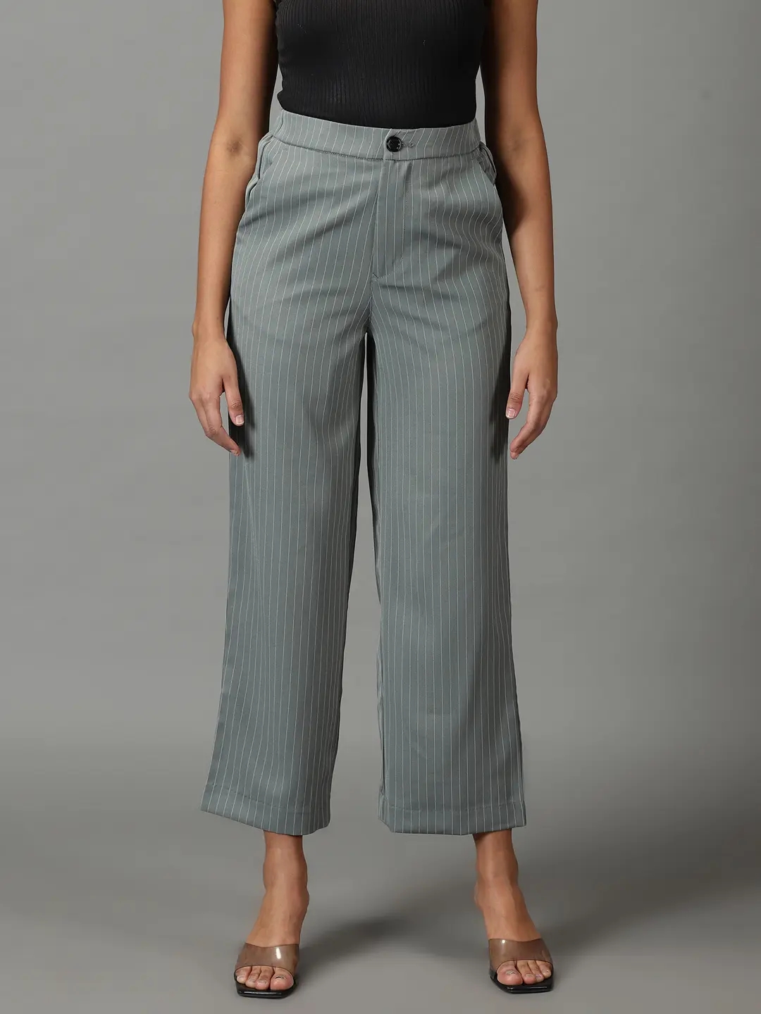 Showoff | SHOWOFF Women Olive Striped  Straight Fit Formal Trouser 1