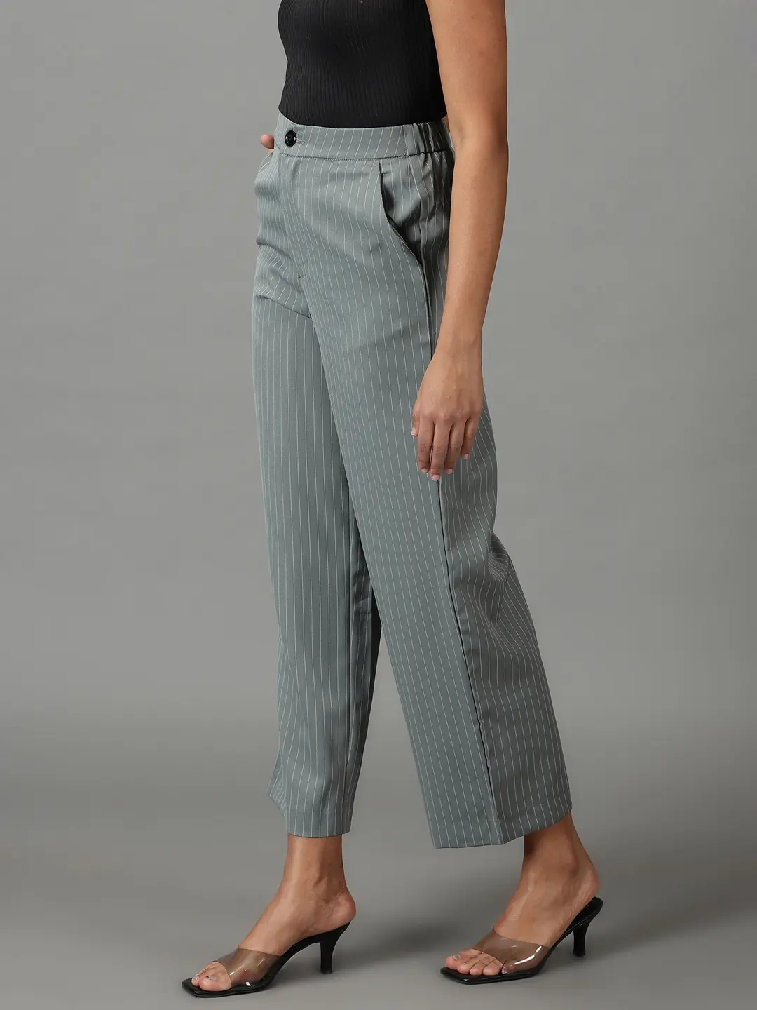 Showoff | SHOWOFF Women Olive Striped  Straight Fit Formal Trouser 2