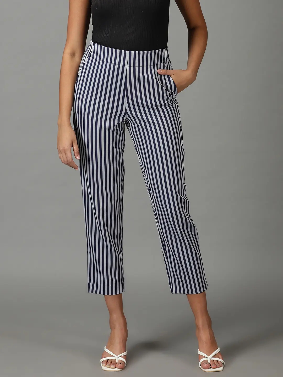 SHOWOFF Trousers and Pants  Buy SHOWOFF Womens Midrise Navy Blue Striped  Straight Fit Formal Trousers Online  Nykaa Fashion