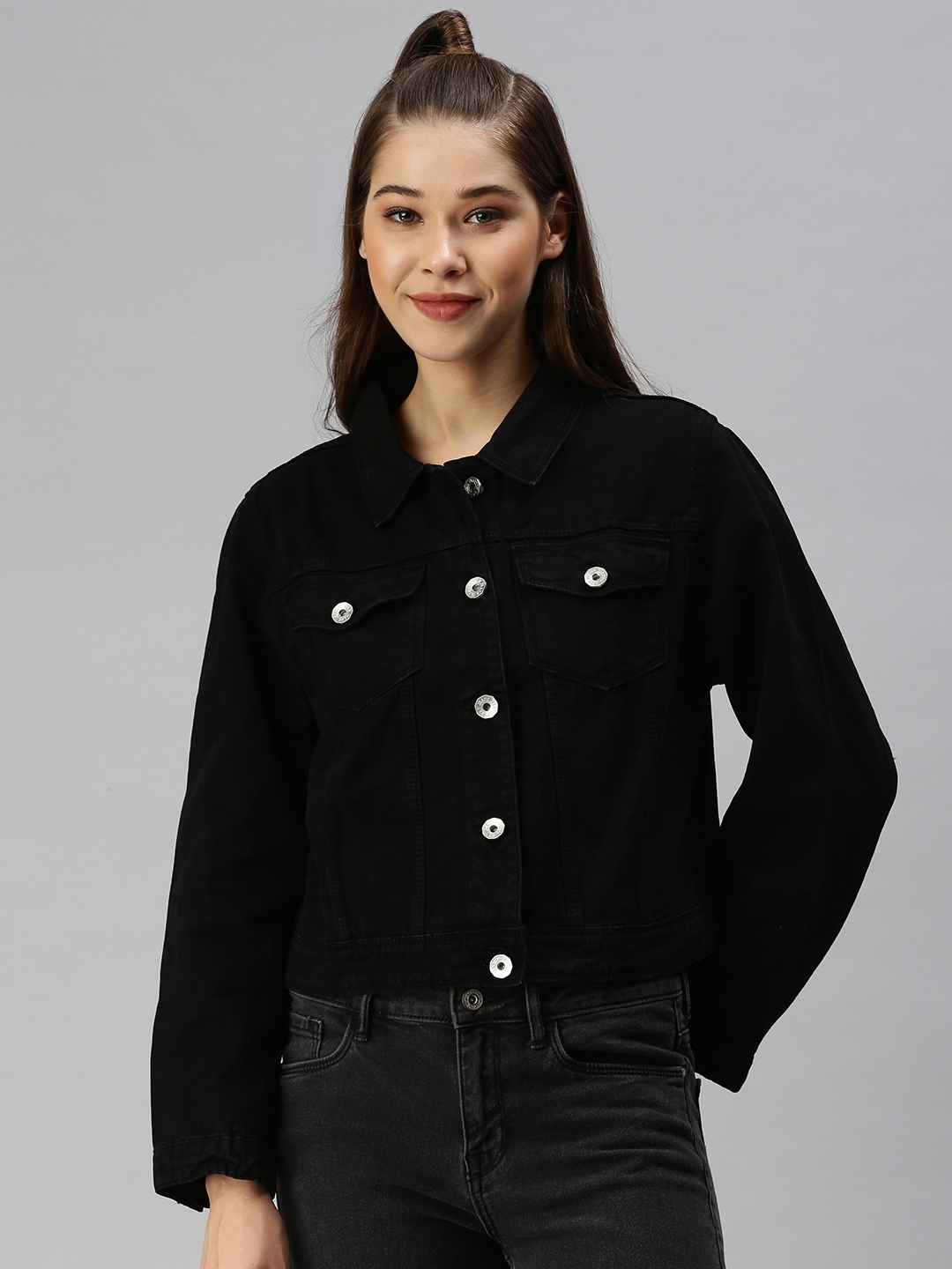 Showoff | SHOWOFF Women Black Solid Spread Collar Full Sleeves Jacket 1