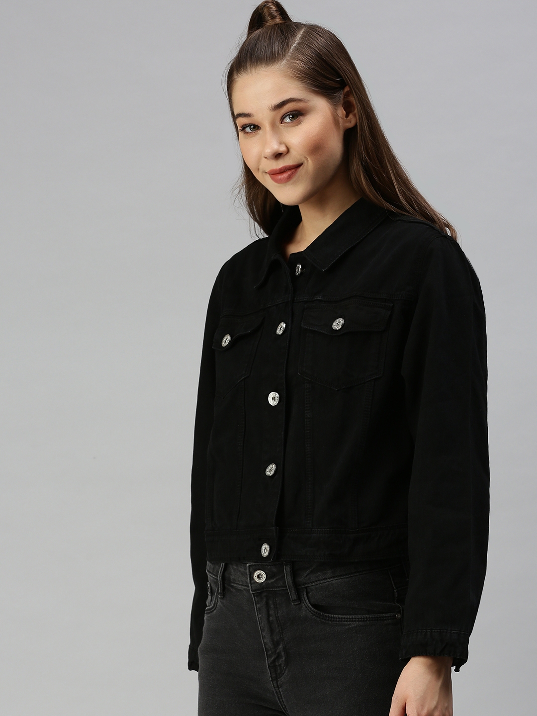 Showoff | SHOWOFF Women Black Solid Spread Collar Full Sleeves Jacket 2