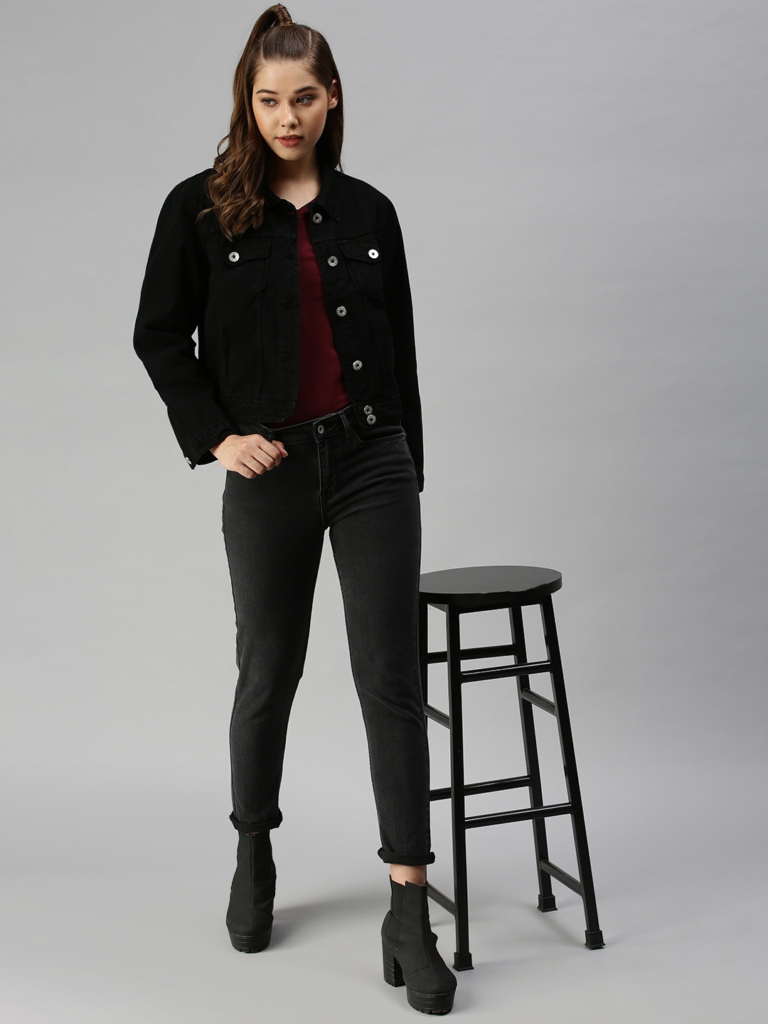 Showoff | SHOWOFF Women Black Solid Spread Collar Full Sleeves Jacket 4