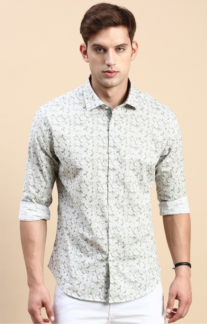 SHOWOFF Men's Spread Collar Green Slim Fit Printed Shirt