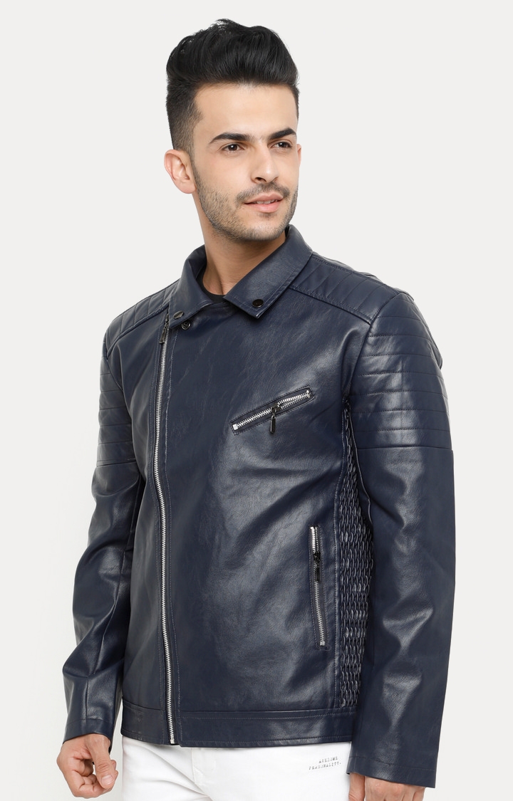 Showoff | SHOWOFF Men's Full Sleeve Slim Fit Navy Blue Leather Jacket 2