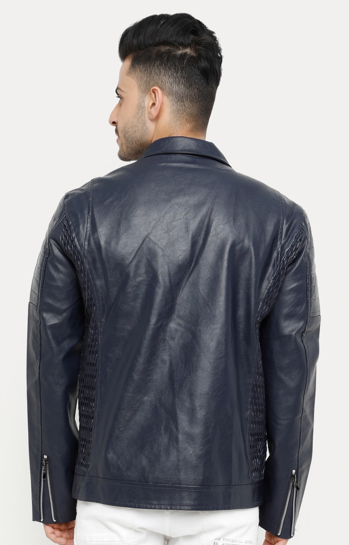 Showoff | SHOWOFF Men's Full Sleeve Slim Fit Navy Blue Leather Jacket 3