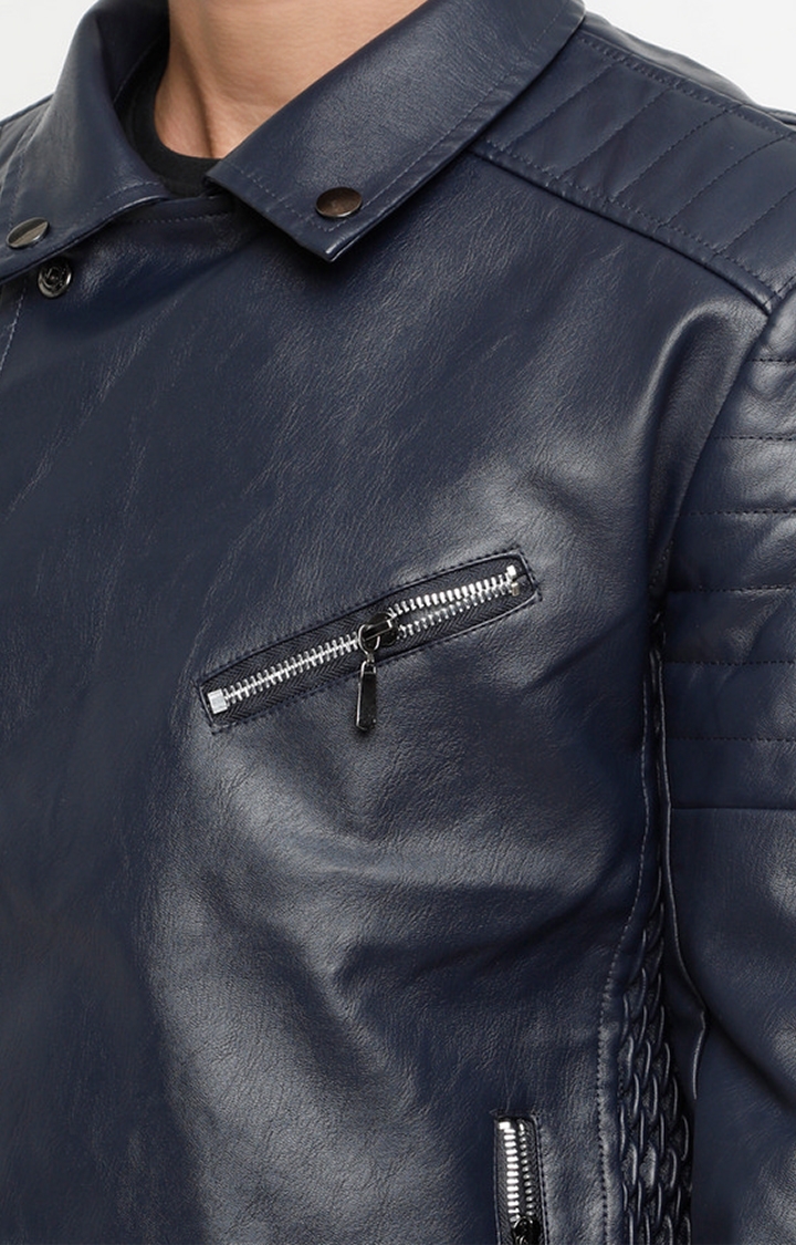 Showoff | SHOWOFF Men's Full Sleeve Slim Fit Navy Blue Leather Jacket 4